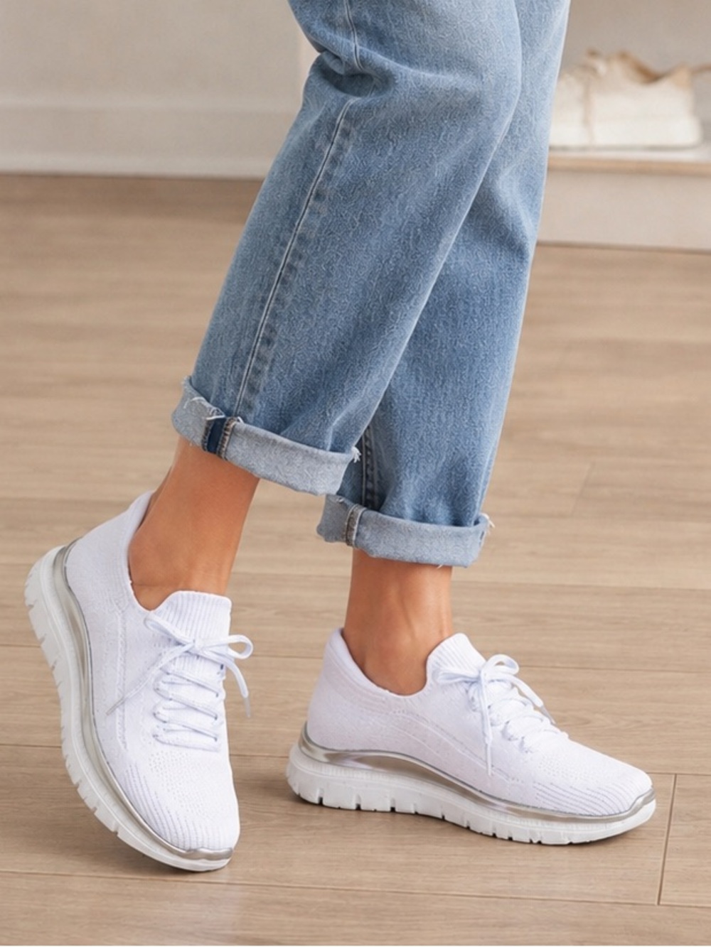 Skechers White Knit Lace-Up Slip-On Sneakers with Silver Trim - Picture 2 of 8